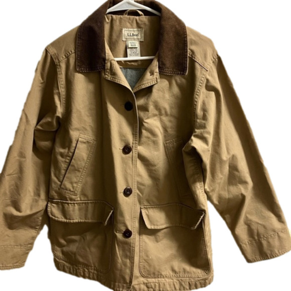 L.L. Bean Jackets & Blazers - LL Bean Chore Barn Corduroy Trim Khaki Tan Jacket Flannel Lined womens M Petite